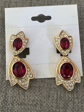 Vintage Christian Dior Tulip Flower Red Stone Drop Dangle Gold Clip-On Earrings